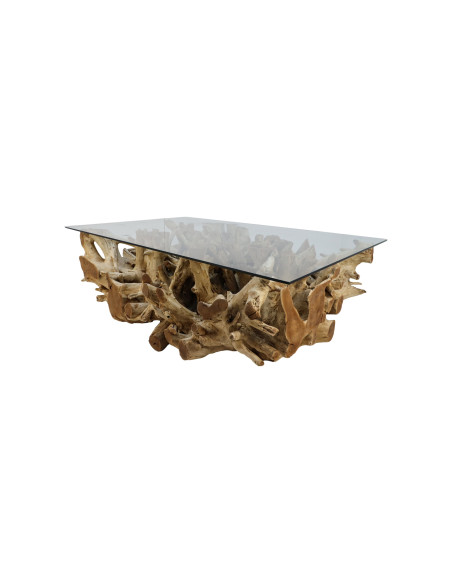 Table basse en verre et racine de teck