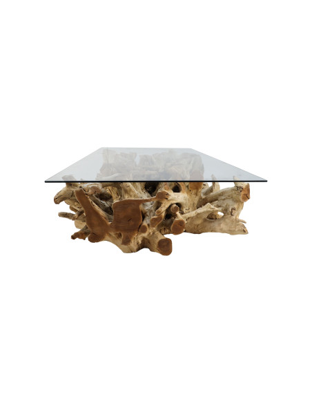Table basse en verre et racine de teck