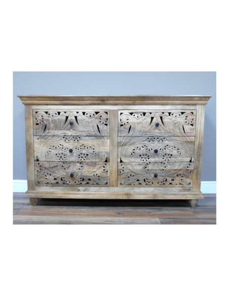 Commode 6 tiroirs sculptés en manguier