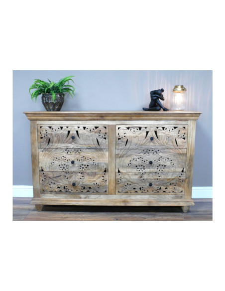 Commode 6 tiroirs sculptés en manguier
