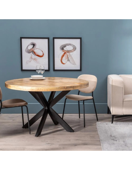 Table de repas ronde en bois massif de manguier et pieds en métal 130 cm