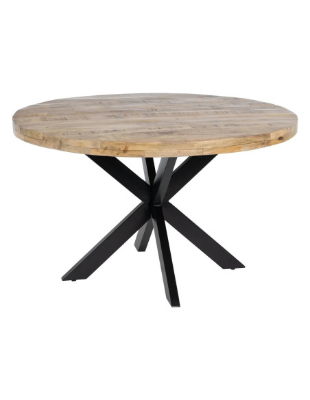 Table de repas ronde en bois massif de manguier et pieds en métal 130 cm