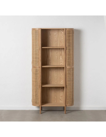 Bibliothèque bois naturel et rotin 4 portes arrondies