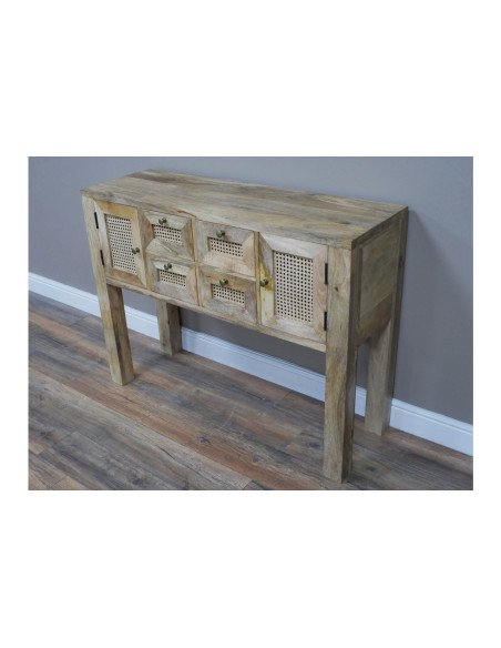 Console en bois massif et rotin 2 portes et 4 tiroirs