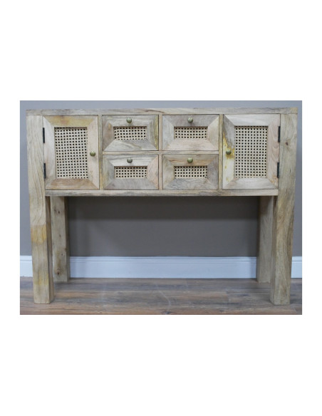 Console en bois massif et rotin 2 portes et 4 tiroirs