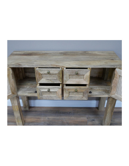 Console en bois massif et rotin 2 portes et 4 tiroirs