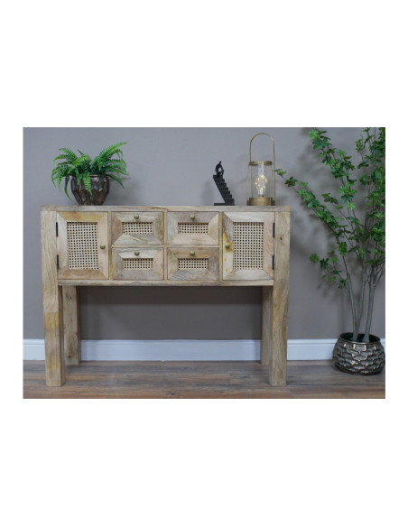 Console en bois massif et rotin 2 portes et 4 tiroirs
