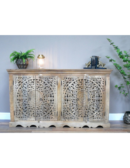 Buffet bas 4 portes sculptées en bois de manguier