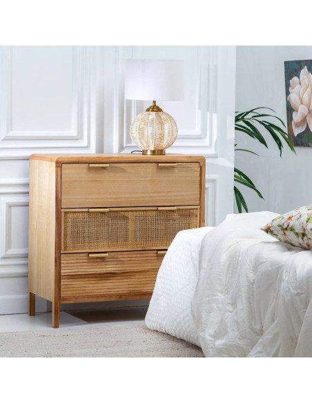 Commode 3 tiroirs en paulownia et rotin Honey