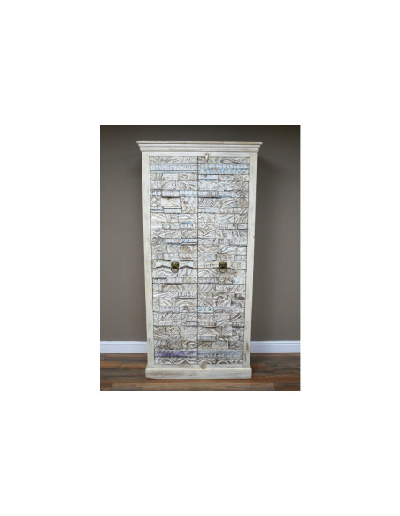 Armoire haute en manguier sculptée blanchie