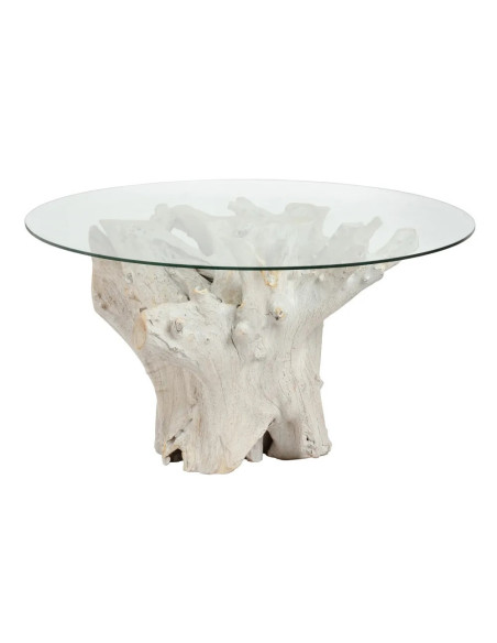 Table de salle à manger en racine de teck et verre