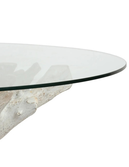 Table de salle à manger en racine de teck et verre