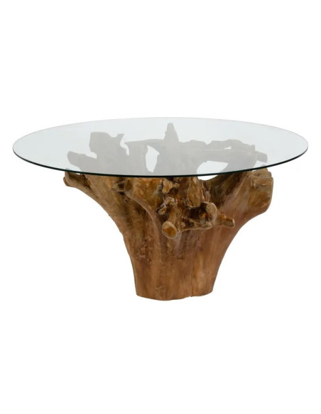 Table de salle à manger en racine de teck et verre