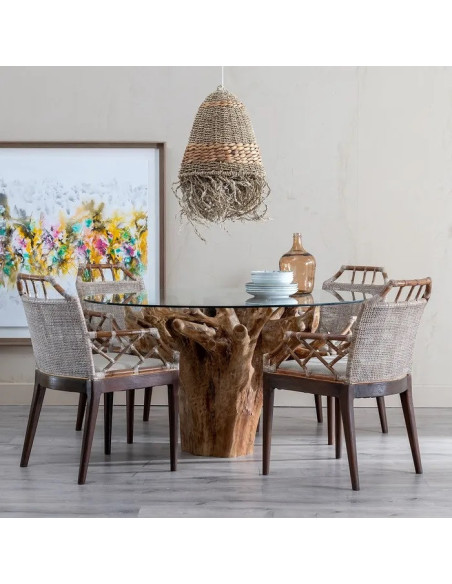 Table de salle à manger en racine de teck et verre