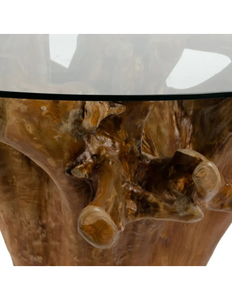 Table de salle à manger en racine de teck et verre