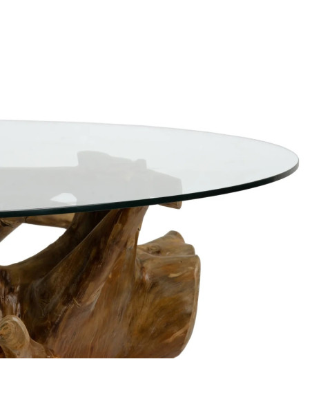 Table de salle à manger en racine de teck et verre