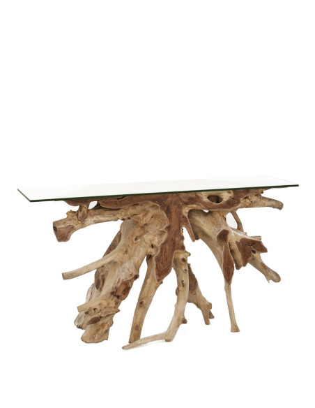 Console racines de teck poli et tablette en verre