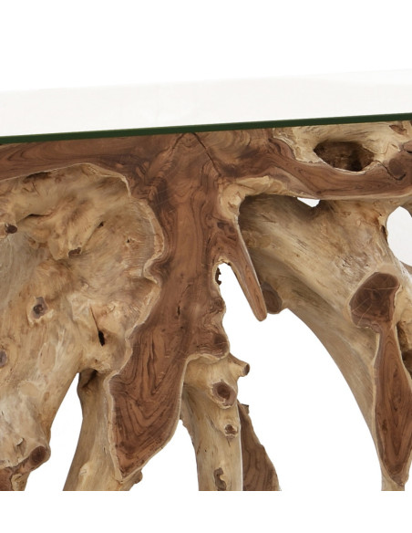 Console racines de teck poli et tablette en verre