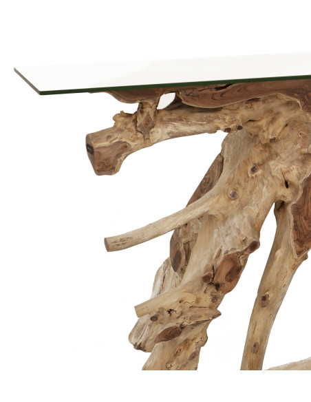 Console racines de teck poli et tablette en verre