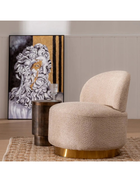 Fauteuil lounge arrondi en tissu et métal doré