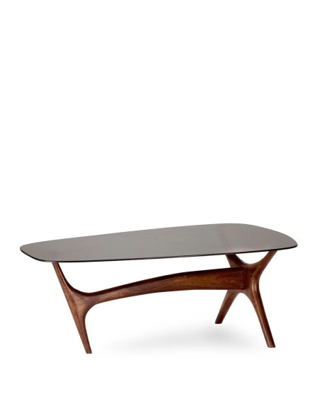 Table basse avec plateau en verre et piètement original