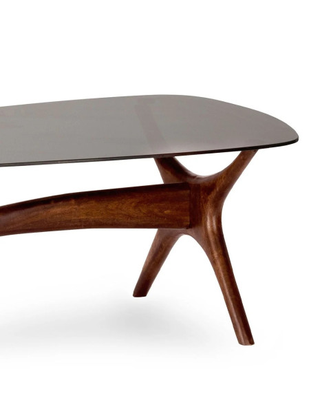 Table basse avec plateau en verre et piètement original