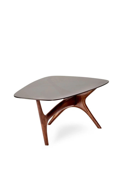 Table basse avec plateau en verre et piètement original