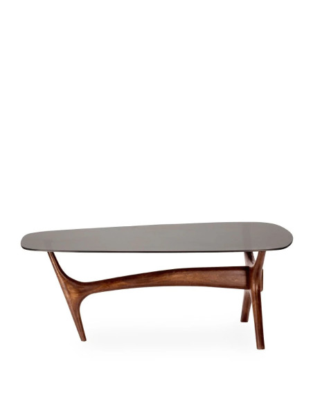Table basse avec plateau en verre et piètement original