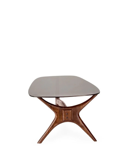 Table basse avec plateau en verre et piètement original