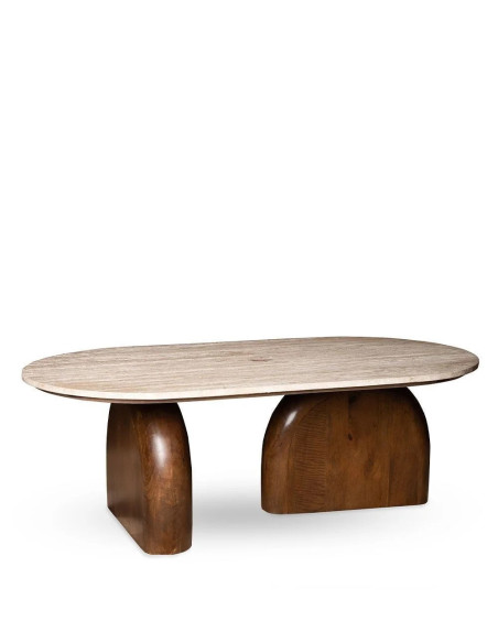 Table de salon ovale en travertin avec pieds bois teinté