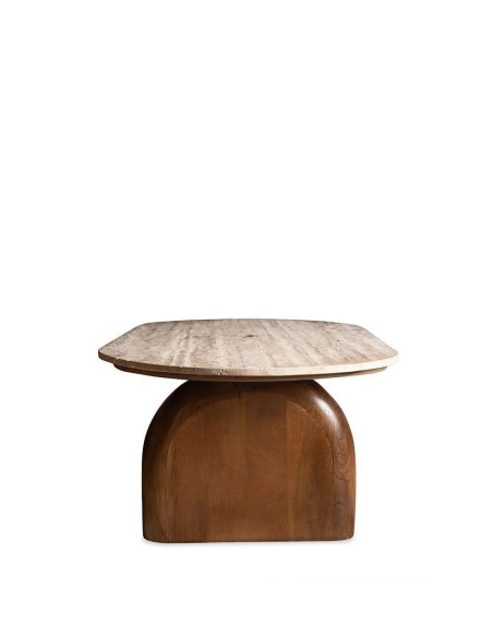 Table de salon ovale en travertin avec pieds bois teinté