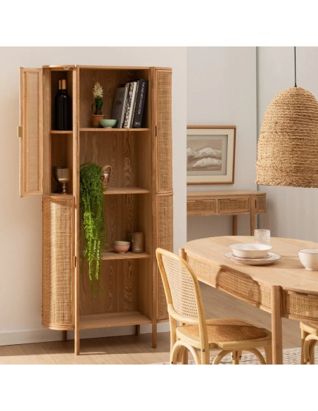 Bibliothèque bois naturel et rotin 4 portes arrondies