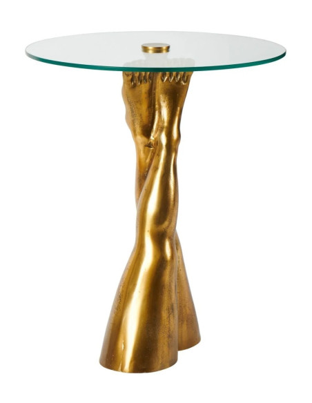 Guéridon pied en aluminium doré et plateau verre