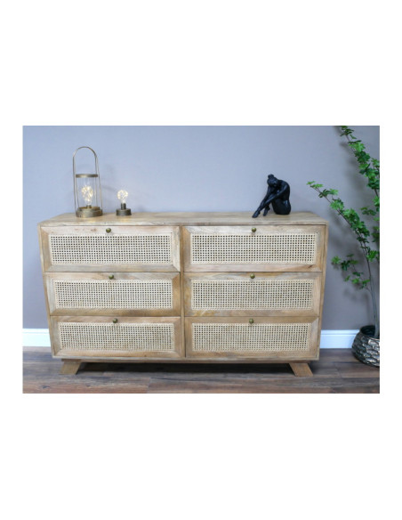 Commode 6 tiroirs en acacia et rotin