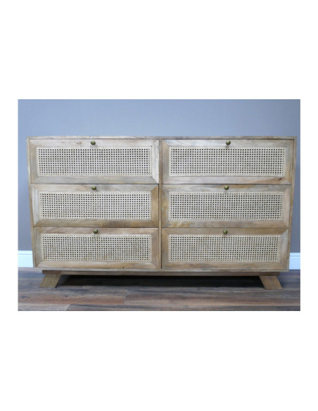 Commode 6 tiroirs en acacia et rotin