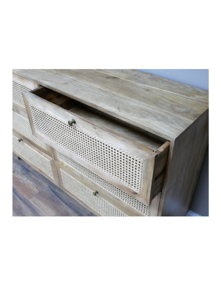 Commode 6 tiroirs en acacia et rotin