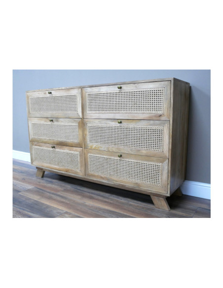 Commode 6 tiroirs en acacia et rotin