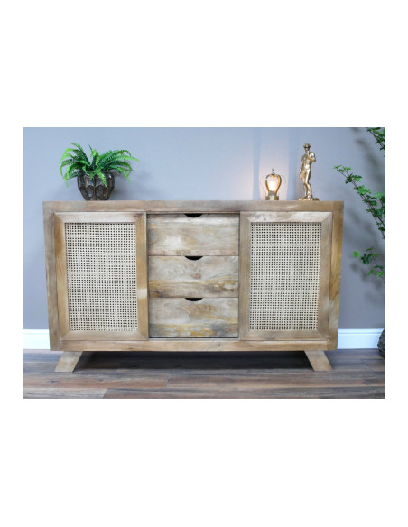 Buffet deux portes en rotin coulissantes et trois tiroirs