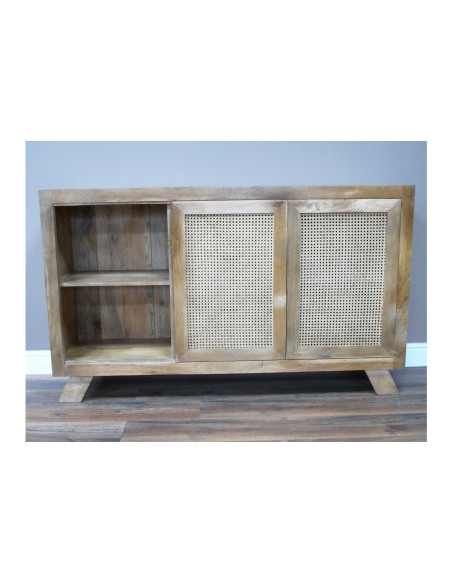 Buffet deux portes en rotin coulissantes et trois tiroirs