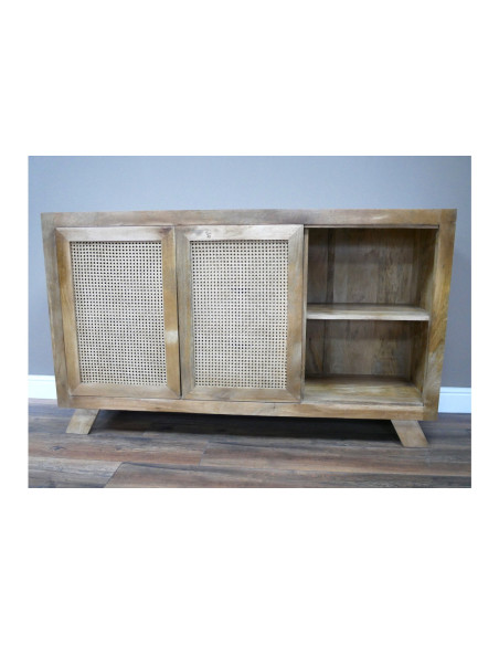 Buffet deux portes en rotin coulissantes et trois tiroirs