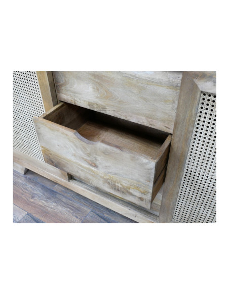 Buffet deux portes en rotin coulissantes et trois tiroirs