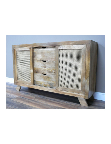 Buffet deux portes en rotin coulissantes et trois tiroirs