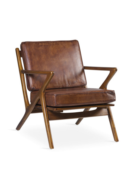 Fauteuil carré en cuir et bois de teck teinté Olaf