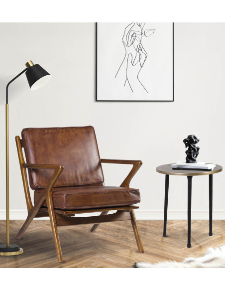 Fauteuil carré en cuir et bois de teck teinté Olaf