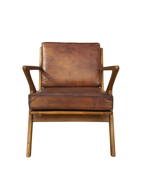 Fauteuil carré en cuir et bois de teck teinté Olaf