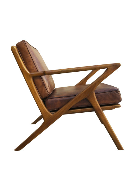 Fauteuil carré en cuir et bois de teck teinté Olaf