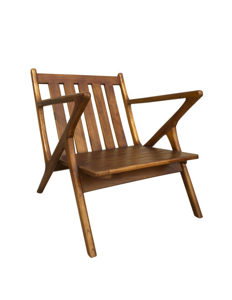 Fauteuil carré en cuir et bois de teck teinté Olaf
