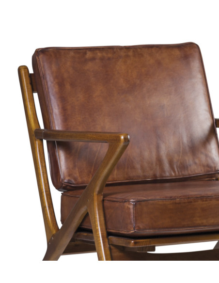 Fauteuil carré en cuir et bois de teck teinté Olaf