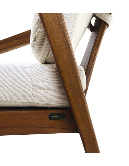 Fauteuil bas en bois massif et coussins tissu beige