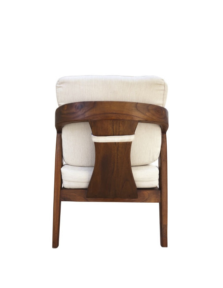 Fauteuil bas en bois massif et coussins tissu beige